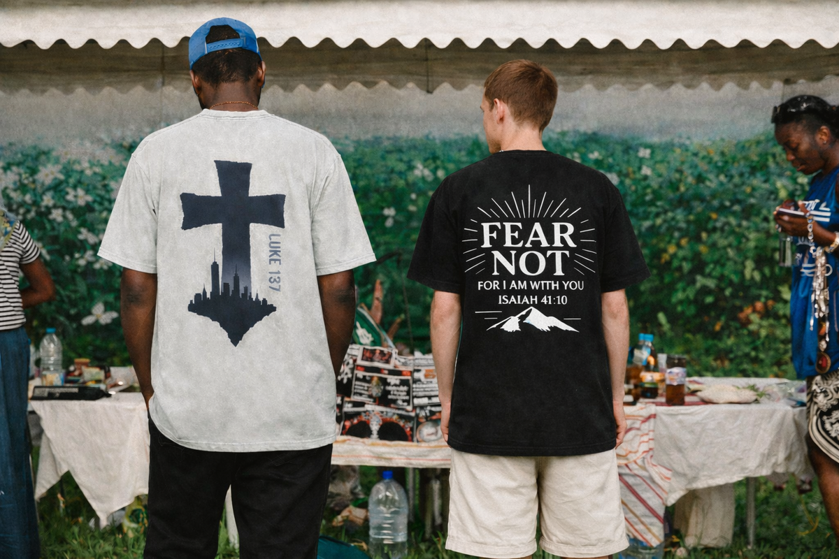 Two models wearing Devoted. Scripture-inspired graphic tees